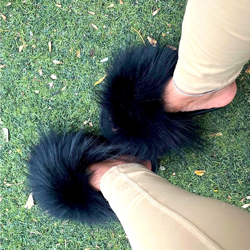 Black Fur Slides Real Fox Fur